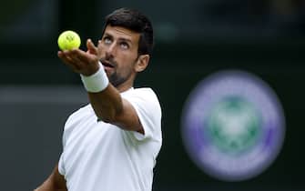 Novak Djokovic practices on centre court ahead of the 2022 Wimbledon Championship at the All England Lawn Tennis and Croquet Club, Wimbledon. Picture date: Thursday June 23, 2022.