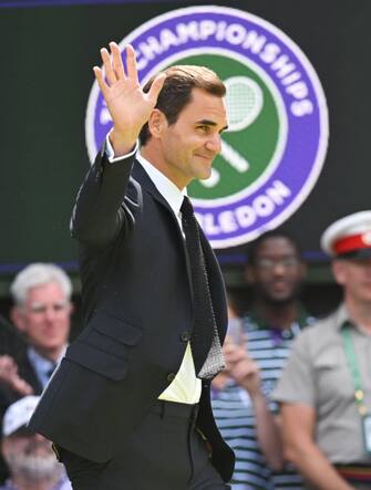 LONDON, ENGLAND - JULY 03: Roger Federer attends the Centre Court Centenary Celebration at the All England Lawn Tennis and Croquet Club on July 03, 2022 in London, England. (Photo by Karwai Tang/WireImage)