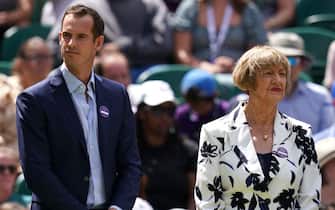 Former Wimbledon champions Andy Murray and Margaret Court during day seven of the 2022 Wimbledon Championships at the All England Lawn Tennis and Croquet Club, Wimbledon. Picture date: Sunday July 3, 2022. (Photo by John Walton/PA Images via Getty Images)