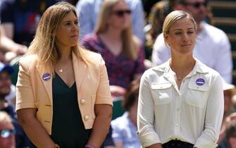 Former Wimbledon champions Marion Bartoli (left) and Angelique Kerber during day seven of the 2022 Wimbledon Championships at the All England Lawn Tennis and Croquet Club, Wimbledon. Picture date: Sunday July 3, 2022. (Photo by John Walton/PA Images via Getty Images)