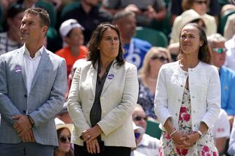 Former Wimbledon champions Pat Cash (left), Conchita Martinez (centre) and Martina Hingis during day seven of the 2022 Wimbledon Championships at the All England Lawn Tennis and Croquet Club, Wimbledon. Picture date: Sunday July 3, 2022. (Photo by John Walton/PA Images via Getty Images)