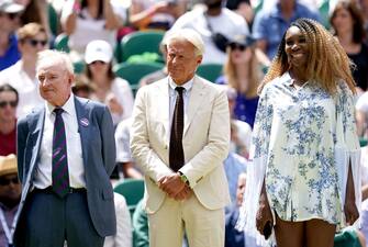 Former Wimbledon champions Rod Laver (left), Bjorn Borg (centre) and Venus Williams during day seven of the 2022 Wimbledon Championships at the All England Lawn Tennis and Croquet Club, Wimbledon. Picture date: Sunday July 3, 2022. (Photo by John Walton/PA Images via Getty Images)