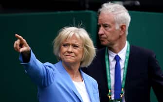 Sue Barker and John McEnroe during day seven of the 2022 Wimbledon Championships at the All England Lawn Tennis and Croquet Club, Wimbledon. Picture date: Sunday July 3, 2022. (Photo by John Walton/PA Images via Getty Images)