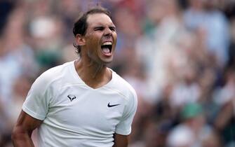 Rafael Nadal celebrates winning his Gentlemen's Singles fourth round match against Botic van de Zandschulp on day eight of the 2022 Wimbledon Championships at the All England Lawn Tennis and Croquet Club, Wimbledon. Picture date: Monday July 4, 2022. (Photo by Zac Goodwin/PA Images via Getty Images)