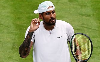 Nick Kyrgios celebrates winning his Gentlemen's singles fourth round match against Brandon Nakashima on day eight of the 2022 Wimbledon Championships at the All England Lawn Tennis and Croquet Club, Wimbledon. Picture date: Monday July 4, 2022.