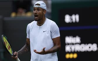 Nick Kyrgios reacts during his Men's Singles third round match against Stefanos Tsitsipas during day six of the 2022 Wimbledon Championships at the All England Lawn Tennis and Croquet Club, Wimbledon. Picture date: Saturday July 2, 2022.