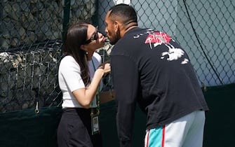 Nick Kyrgios with girlfriend Costeen Hatzi during his practice session on day eight of the 2022 Wimbledon Championships at the All England Lawn Tennis and Croquet Club, Wimbledon. Picture date: Monday July 4, 2022.