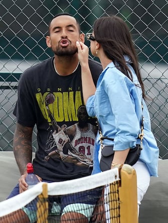Nick Kyrgios with his girlfriend Costeen Hatzi during a practice session on day ten of the 2022 Wimbledon Championships at the All England Lawn Tennis and Croquet Club, Wimbledon. Picture date: Wednesday July 6, 2022.