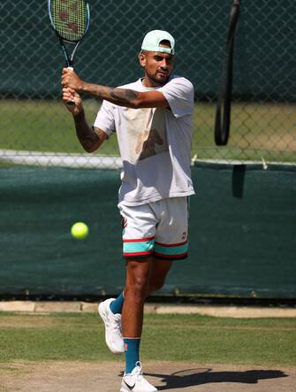 LONDON, ENGLAND - JULY 09: Nick Kyrgios of Australia during a practice session on day thirteen of The Championships Wimbledon 2022 at All England Lawn Tennis and Croquet Club on July 09, 2022 in London, England. (Photo by Ryan Pierse/Getty Images)