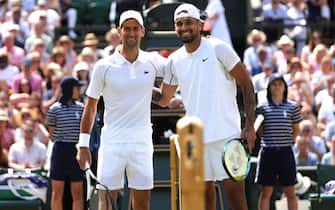 LONDON, ENGLAND - JULY 10: Novak Djokovic of Serbia (L) and Nick Kyrgios of Australia pose for a photo prior to their Men's Singles Final match on day fourteen of The Championships Wimbledon 2022 at All England Lawn Tennis and Croquet Club on July 10, 2022 in London, England. (Photo by Clive Brunskill/Getty Images)