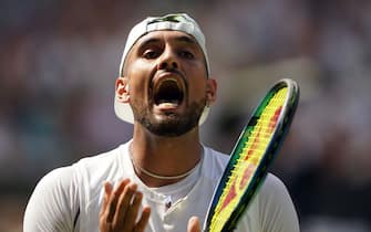 Nick Kyrgios reacts during The Final of the Gentlemen's Singles against Novak Djokovic on day fourteen of the 2022 Wimbledon Championships at the All England Lawn Tennis and Croquet Club, Wimbledon. Picture date: Sunday July 10, 2022. (Photo by Zac Goodwin/PA Images via Getty Images)