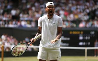 LONDON, ENGLAND - JULY 10: Nick Kyrgios of Australia reacts against Novak Djokovic of Serbia during their Men's Singles Final match on day fourteen of The Championships Wimbledon 2022 at All England Lawn Tennis and Croquet Club on July 10, 2022 in London, England. (Photo by Julian Finney/Getty Images)
