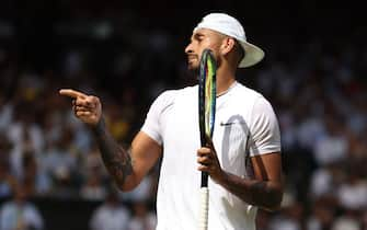 LONDON, ENGLAND - JULY 10: Nick Kyrgios of Australia reacts against Novak Djokovic of Serbia during their Men's Singles Final match on day fourteen of The Championships Wimbledon 2022 at All England Lawn Tennis and Croquet Club on July 10, 2022 in London, England. (Photo by Ryan Pierse/Getty Images)