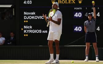 LONDON, ENGLAND - JULY 10: Nick Kyrgios of Australia reacts against Novak Djokovic of Serbia during their Men's Singles Final match on day fourteen of The Championships Wimbledon 2022 at All England Lawn Tennis and Croquet Club on July 10, 2022 in London, England. (Photo by Clive Brunskill/Getty Images)