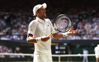 LONDON, ENGLAND - JULY 10: Novak Djokovic of Serbia reacts against Nick Kyrgios of Australia during their Men's Singles Final match on day fourteen of The Championships Wimbledon 2022 at All England Lawn Tennis and Croquet Club on July 10, 2022 in London, England. (Photo by Julian Finney/Getty Images)