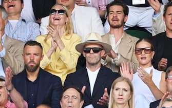 LONDON, ENGLAND - JULY 10: Charles Delevingne, Poppy Delevingne, Andrew Garfield, Vito Schnabel, Ryu Jun Yeol, Richard Moore, Jason Statham and Rosie Huntington-Whiteley attend The Wimbledon Men's Singles Final at the All England Lawn Tennis and Croquet Club on July 10, 2022 in London, England. (Photo by Karwai Tang/WireImage)