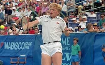 (Original Caption) Stratton Mountain, Vermont: Boris Becker of Leiman, West Germany, 8/9, dashed the hopes of John McEnroe to play in the finals of the Volvo Tournament. Becker won a tie breaker 10-8 to set himself into the finals with sores of 3-6; 7-5; and 7-6 and the tie-breaker.