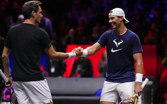 Team Europe's Roger Federer and Rafael Nadal (right) during a training session ahead of the Laver Cup at the O2 Arena, London. Picture date: Thursday September 22, 2022.