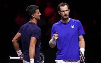 Team Europe's Novak Djokovic and Andy Murray during a training session ahead of the Laver Cup at the O2 Arena, London. Picture date: Thursday September 22, 2022.