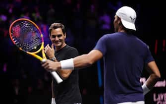 Team Europe's Roger Federer and Rafael Nadal during a training session ahead of the Laver Cup at the O2 Arena, London. Picture date: Thursday September 22, 2022.