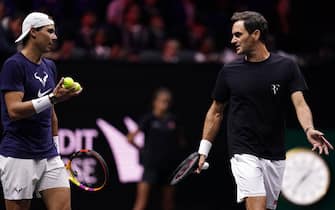 Team Europe's Roger Federer and Rafael Nadal (left) during a training session ahead of the Laver Cup at the O2 Arena, London. Picture date: Thursday September 22, 2022.