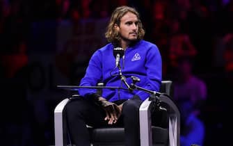 Team Europe's Stefanos Tsitsipas in the umpires chair during a training session ahead of the Laver Cup at the O2 Arena, London. Picture date: Thursday September 22, 2022.