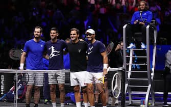 Team Europe's Andy Murray, Novak Djokovic, Roger Federer and Rafael Nadal (right) pose for a photo with Stefanos Tsitsipas in the Umpires chair during a training session ahead of the Laver Cup at the O2 Arena, London. Picture date: Thursday September 22, 2022.