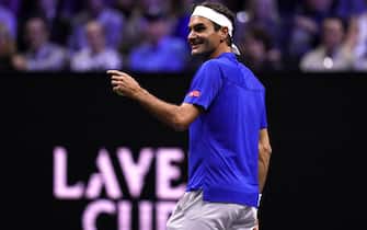 Team Europe's Roger Federer during their match with Team World's Jack Sock and Frances Tiafoe on day one of the Laver Cup at the O2 Arena, London. Picture date: Friday September 23, 2022.