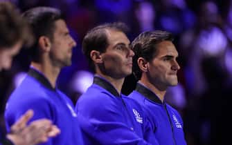 Roger Federer (right) lines up with his team-mates on day one of the Laver Cup at the O2 Arena, London. Picture date: Friday September 23, 2022.