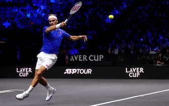 Team Europe's Roger Federer in action against Team World's Frances Tiafoe and Jack Sock on day one of the Laver Cup at the O2 Arena, London. Picture date: Friday September 23, 2022.