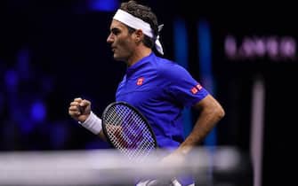 Team Europe's Roger Federer celebrates winning the first set during their match against Team World's Jack Sock and Frances Tiafoe on day one of the Laver Cup at the O2 Arena, London. Picture date: Friday September 23, 2022.