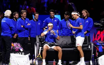 Team Europe's Rafael Nadal (centre) and Roger Federer on day one of the Laver Cup at the O2 Arena, London. Picture date: Friday September 23, 2022.