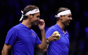 Team Europe's Rafael Nadal (right) and Roger Federer on day one of the Laver Cup at the O2 Arena, London. Picture date: Friday September 23, 2022.