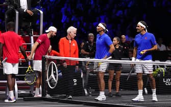 Team Europe's Rafael Nadal (second right) and Roger Federer in action against Team World's Frances Tiafoe and Jack Sock on day one of the Laver Cup at the O2 Arena, London. Picture date: Friday September 23, 2022.