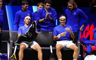 Team Europe's Roger Federer (right) and Rafael Nadal during their match against Team World's Jack Sock and Frances Tiafoe on day one of the Laver Cup at the O2 Arena, London. Picture date: Friday September 23, 2022.