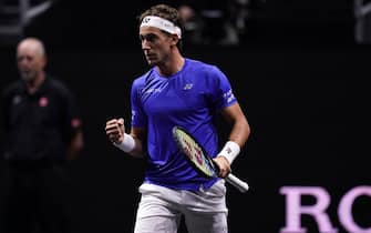 Team Europe's Casper Ruud celebrates a point against Team World's Jack Sock (not pictured) on day one of the Laver Cup at the O2 Arena, London. Picture date: Friday September 23, 2022.