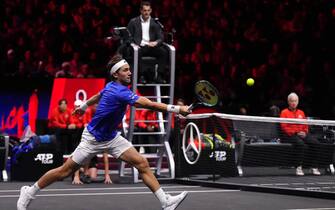 Team Europe's Casper Ruud in action against Team World's Jack Sock (not pictured) on day one of the Laver Cup at the O2 Arena, London. Picture date: Friday September 23, 2022.