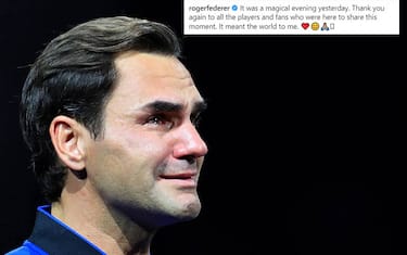(220924) -- LONDON, Sept. 24, 2022 (Xinhua) -- Team Europe player Roger Federer of Switzerland reacts at the end of his last match after announcing his retirement at the Laver Cup in London, Britain, Sept. 24, 2022. (Xinhua/Li Ying) - Li Ying -//CHINENOUVELLE_sipa.177/2209241053/Credit:CHINE NOUVELLE/SIPA/2209241104