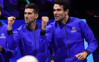 Team Europe Vice Captain Thomas Enqvist, Novak Djokovic (centre) and Matteo Berrettini (right) on day one of the Laver Cup at the O2 Arena, London. Picture date: Friday September 23, 2022.