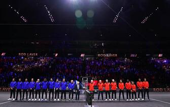 Team Europe and Team World players line up ahead of day one of the Laver Cup at the O2 Arena, London. Picture date: Friday September 23, 2022.