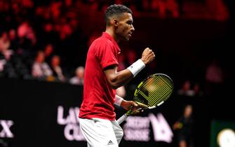Felix Auger Aliassime celebrates a point against Novak Djokovic in the in the singles match on day three of the Laver Cup at the O2 Arena, London. Picture date: Sunday September 25, 2022.
