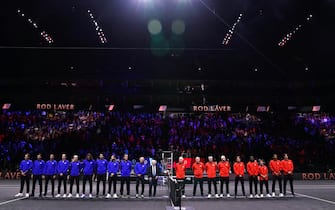 Team Europe and Team World players line up ahead of day one of the Laver Cup at the O2 Arena, London. Picture date: Friday September 23, 2022.