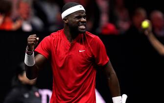 Frances Tiafoe celebrates winning the second set against Stefanos Tsitsipas in the singles match on day three of the Laver Cup at the O2 Arena, London. Picture date: Sunday September 25, 2022.