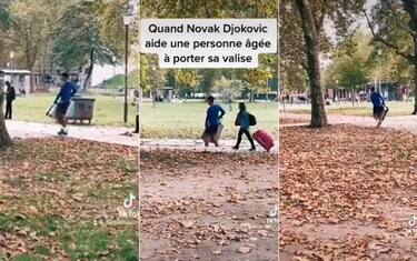 Djokovic ferma la corsa: aiuta signora con valigia