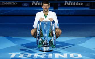 (221121) -- TURIN, Nov. 21, 2022 (Xinhua) -- Novak Djokovic of Serbia poses with his trophy during the awarding ceremony after winning the final match of the ATP Finals against Casper Ruud of Norway in Turin, Italy, Nov. 20, 2022. (Str/Xinhua) - Jin Mamengni -//CHINENOUVELLE_chinenouvelle185/Credit:CHINE NOUVELLE/SIPA/2211210826/Credit:CHINE NOUVELLE/SIPA/2211211023