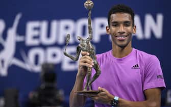 Canadian Felix Auger-Aliassime celebrates with his trophy after winning the men's singles final match between Canadian Auger-Aliassime and American Corda, at the European Open Tennis ATP tournament, in Antwerp, Sunday 23 October 2022. BELGA PHOTO LAURIE DIEFFEMBACQ (Photo by LAURIE DIEFFEMBACQ/Belga/Sipa USA)
