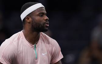 Frances Tiafoe of the United States reacts during the singles quarterfinal match against Felix Auger-Aliassime of Canada at the Rolex Paris Masters tennis tournament in Paris, France, Nov. 4, 2022.
