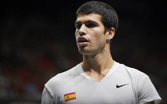 (220917) -- VALENCIA, Sept. 17, 2022 (Xinhua) -- Carlos Alcaraz of Spain reacts in the men's singles match against Felix Auger Aliassime of Canada during the group B match between Spain and Canada at the Davis Cup tennis tournament in Valencia, Spain, on Sept. 16, 2022. (Str/Xinhua) - Meng Dingbo -//CHINENOUVELLE_1039090/2209171053/Credit:CHINE NOUVELLE/SIPA/2209171106