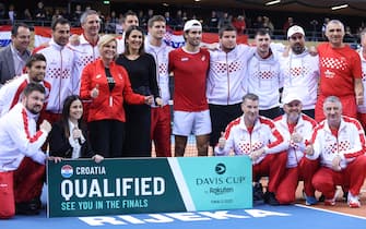 RIJEKA, CROATIA - FEBRUARY 05: Players of Croatia team celebrate after defeating Austrian team during the Davis Cup qualifiers first round at Zamet Sports Hall on February 5, 2023 in Rijeka, Croatia. Photo by Nel Pavletic/Pixsell
