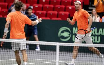 GRONINGEN - Wesley Koolhof (L) and Matwe Middelkoop (Netherlands) in action against Lukas Klein and Alex Molcan (Slovakia) during the qualification round for the Davis Cup Finals. The winner will qualify for the group stage of the Davis Cup Finals in September. AP SANDER KING /ANP/Sipa USA